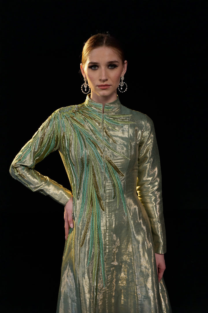 Metallic Sage High Neck A-Line Gown With Tonal Embellishments
