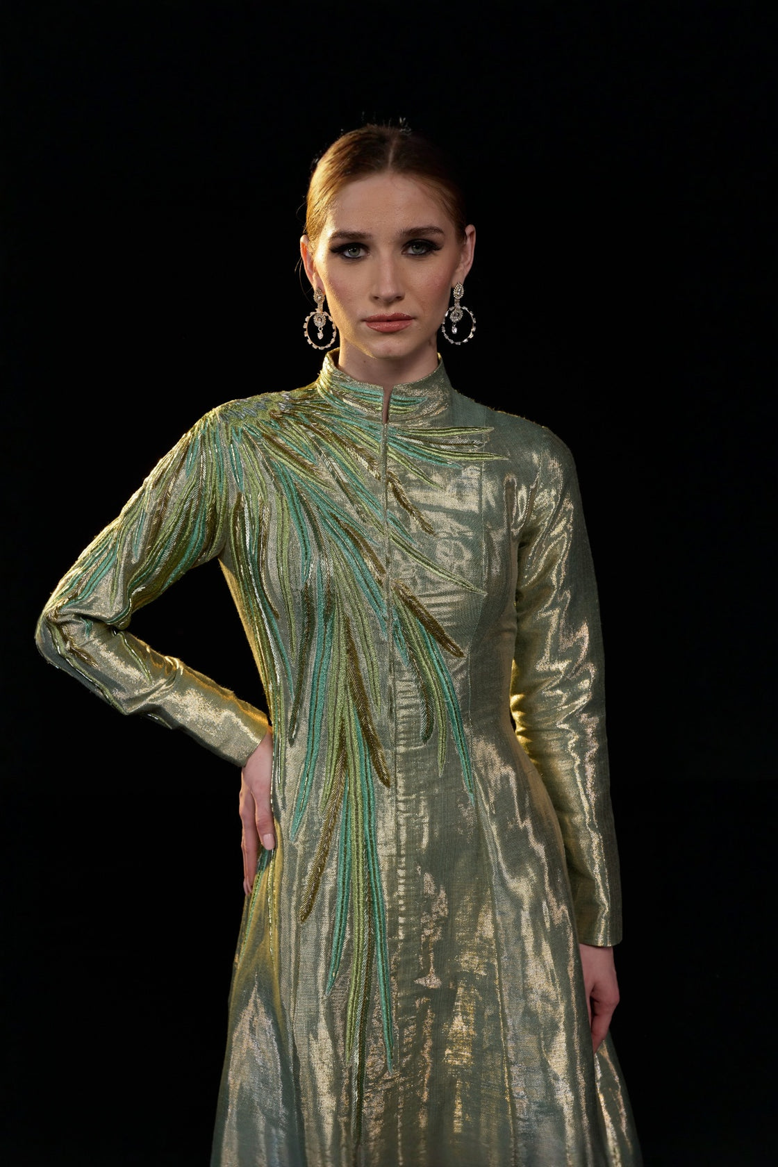 Metallic Sage High Neck A-Line Gown With Tonal Embellishments