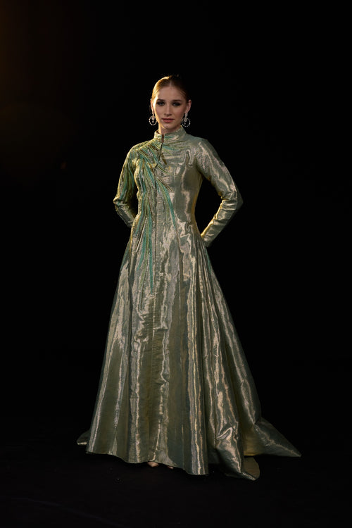 Metallic Sage High Neck A-Line Gown With Tonal Embellishments