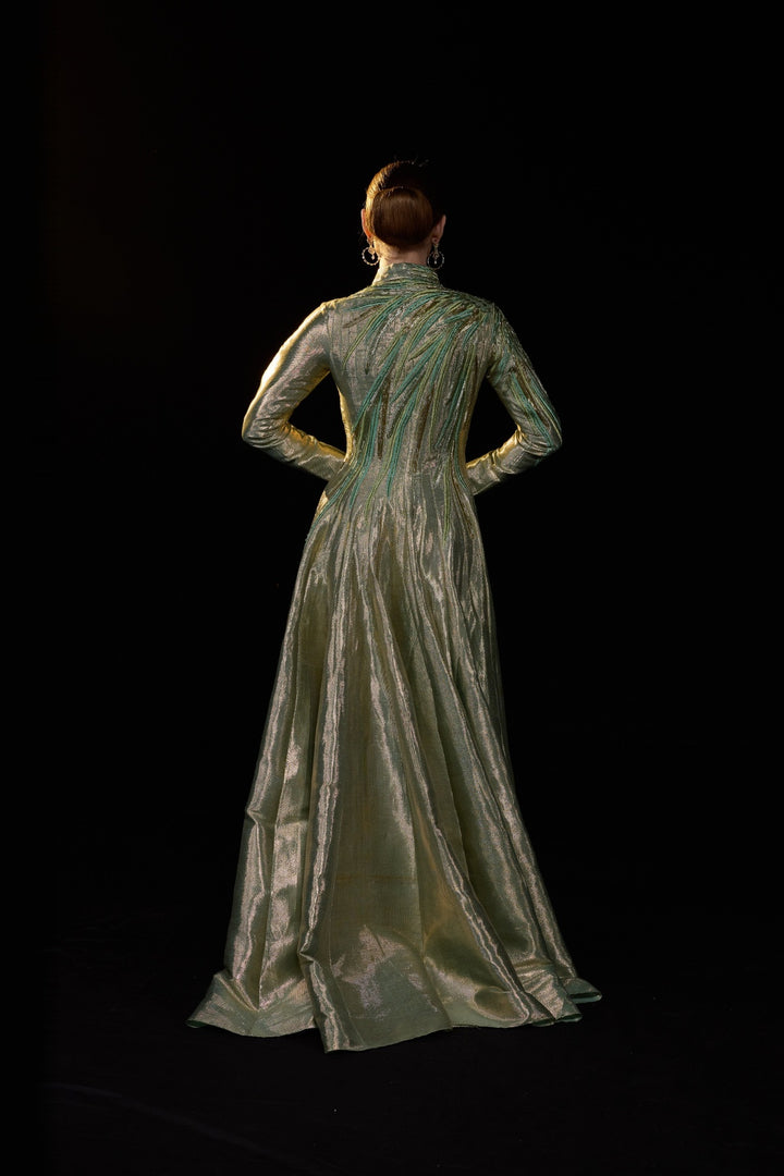Metallic Sage High Neck A-Line Gown With Tonal Embellishments