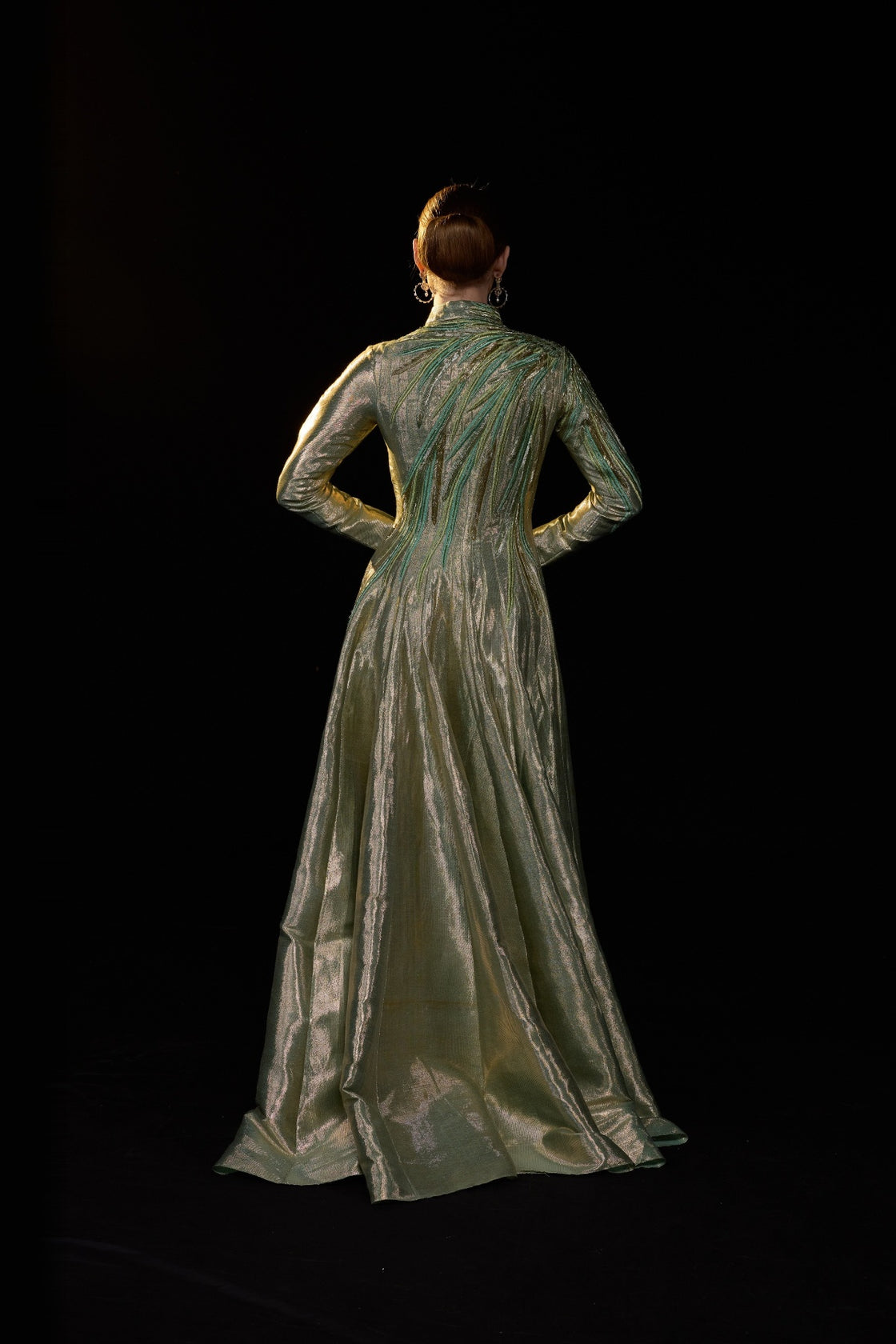 Metallic Sage High Neck A-Line Gown With Tonal Embellishments