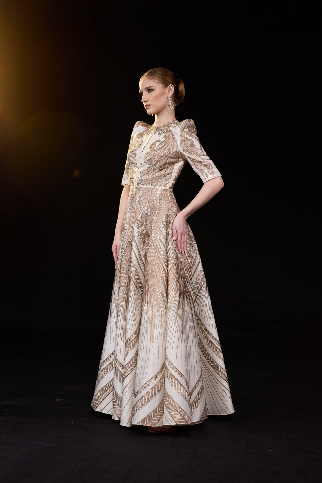 Ivory Geometric Embroidered Gown With Structured Shoulder Detail