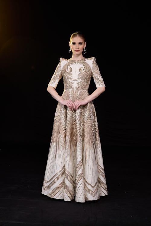 Ivory Geometric Embroidered Gown With Structured Shoulder Detail