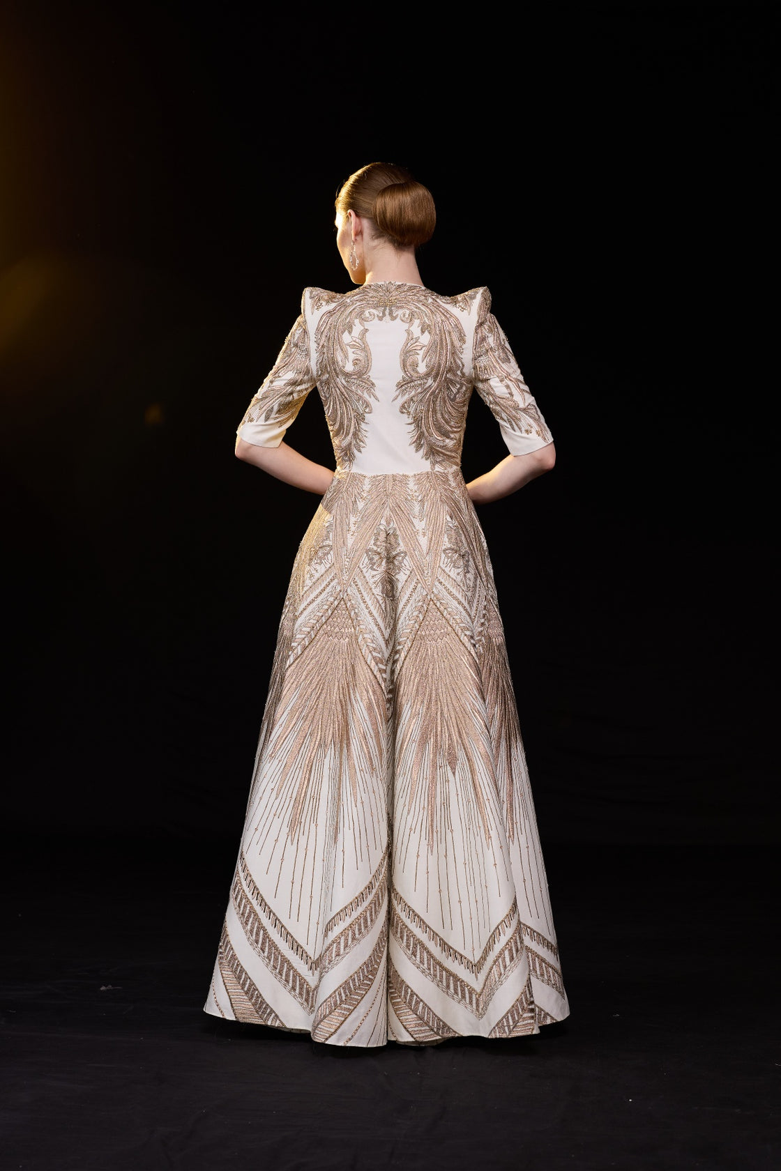 Ivory Geometric Embroidered Gown With Structured Shoulder Detail