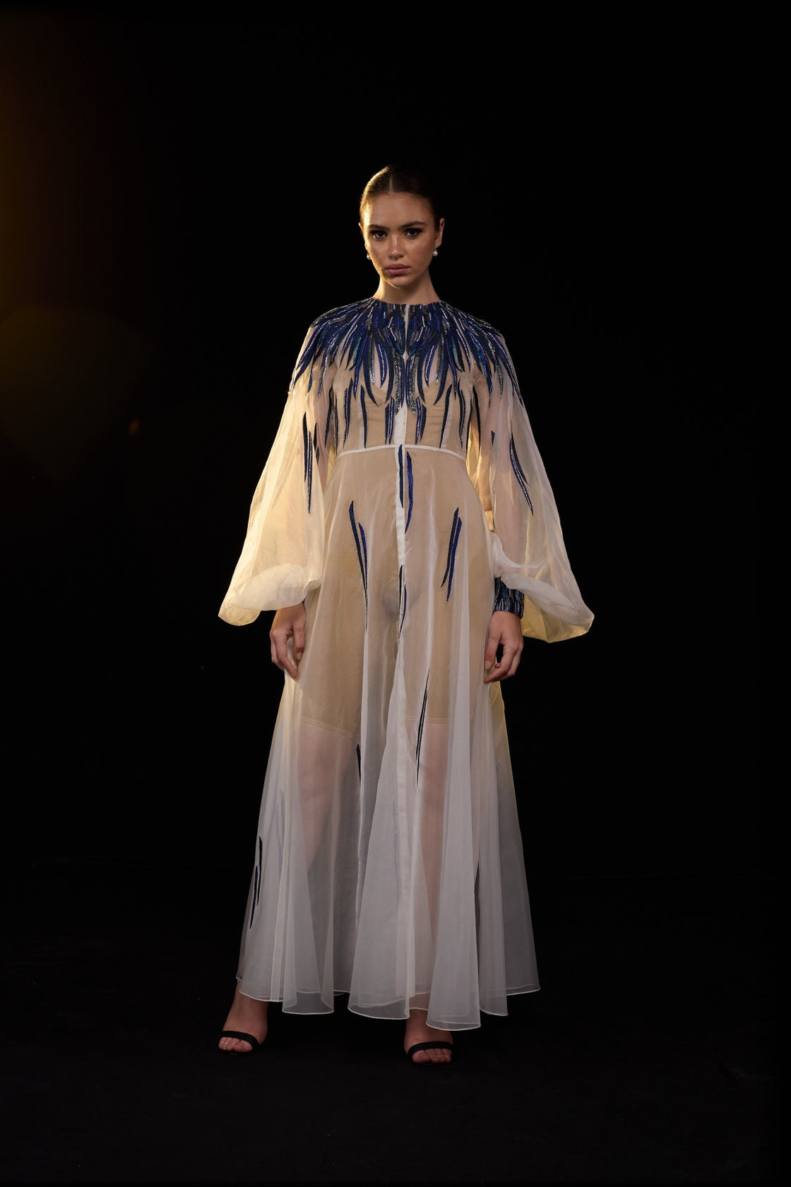 Ivory Sheer Overlay Gown With Cobalt Embellishments And Vibrant Beadwork.