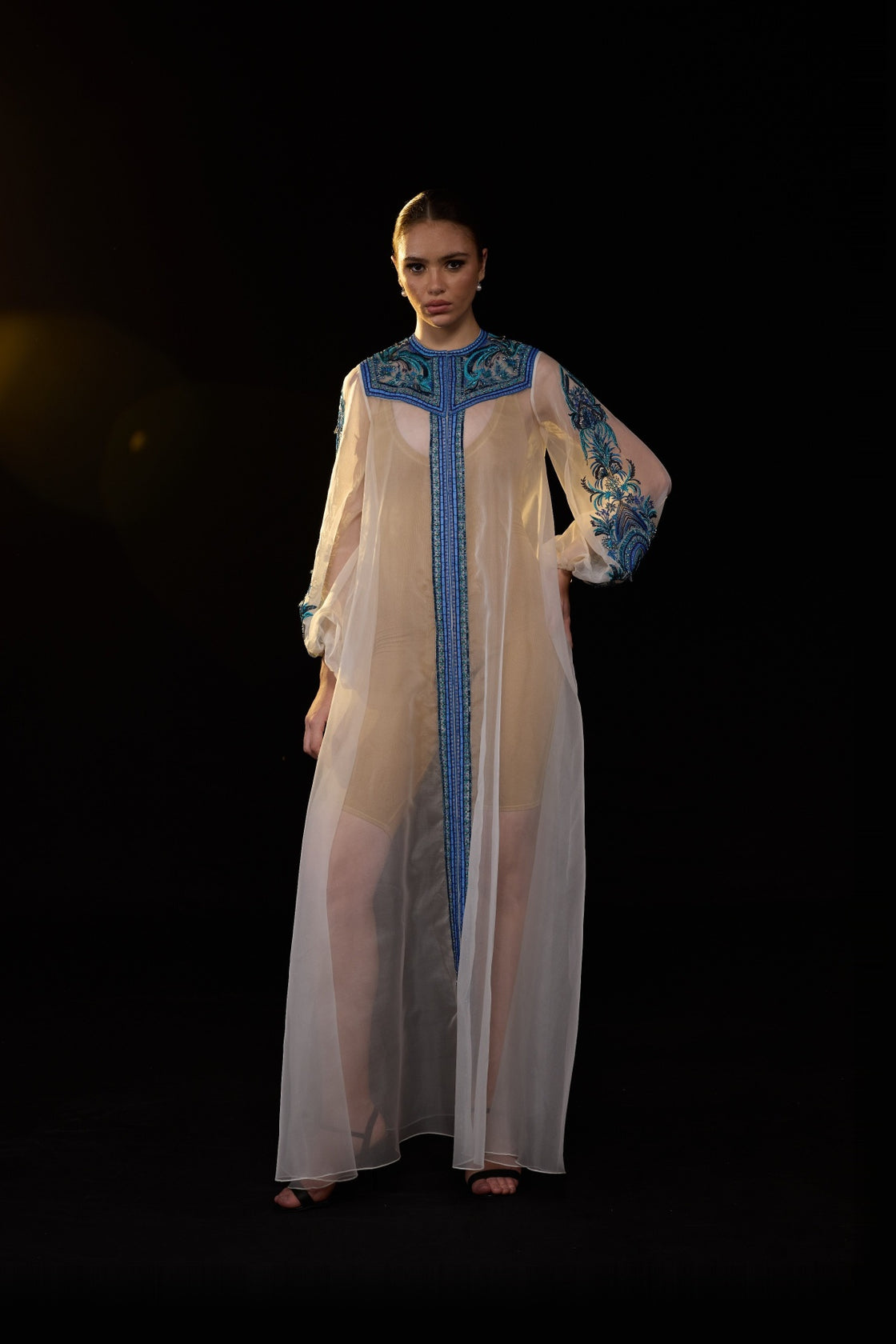 Ivory Sheer Kaftan Gown With Front Opening With Blue Embroidered Yoke