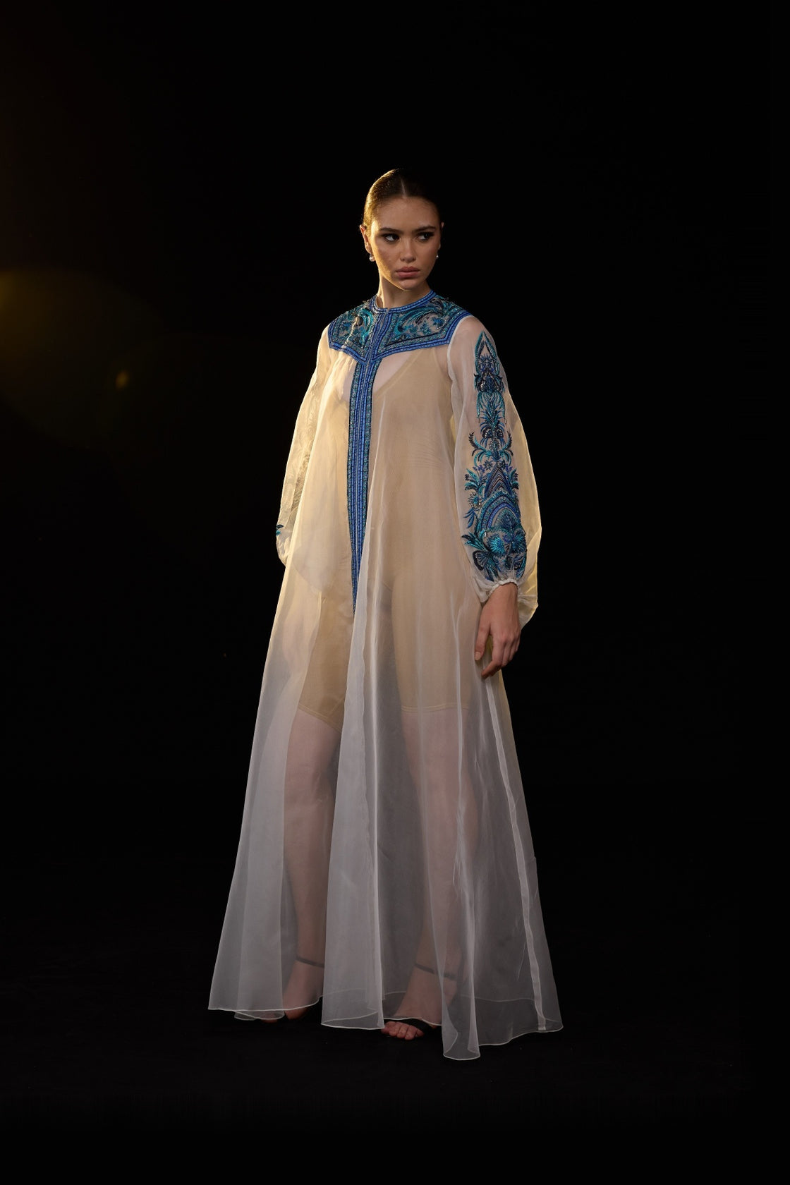 Ivory Sheer Kaftan Gown With Front Opening With Blue Embroidered Yoke