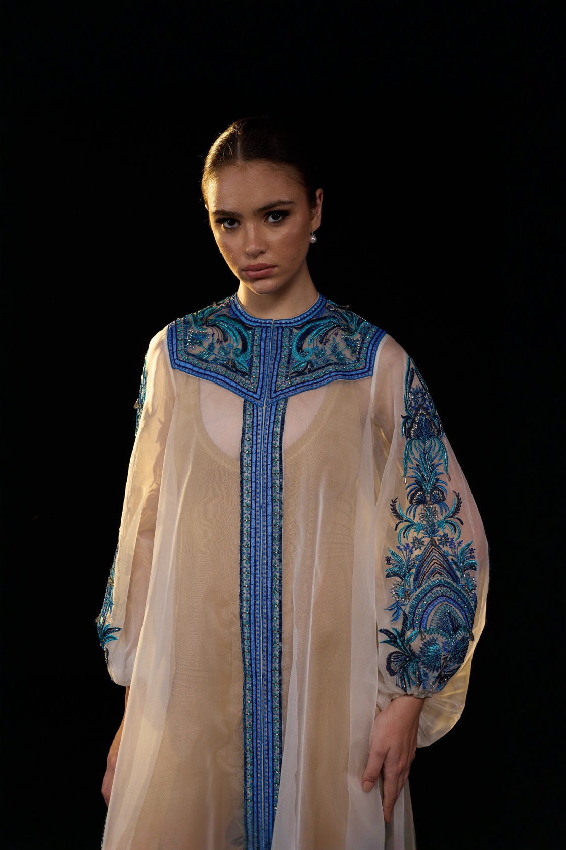 Ivory Sheer Kaftan Gown With Front Opening With Blue Embroidered Yoke