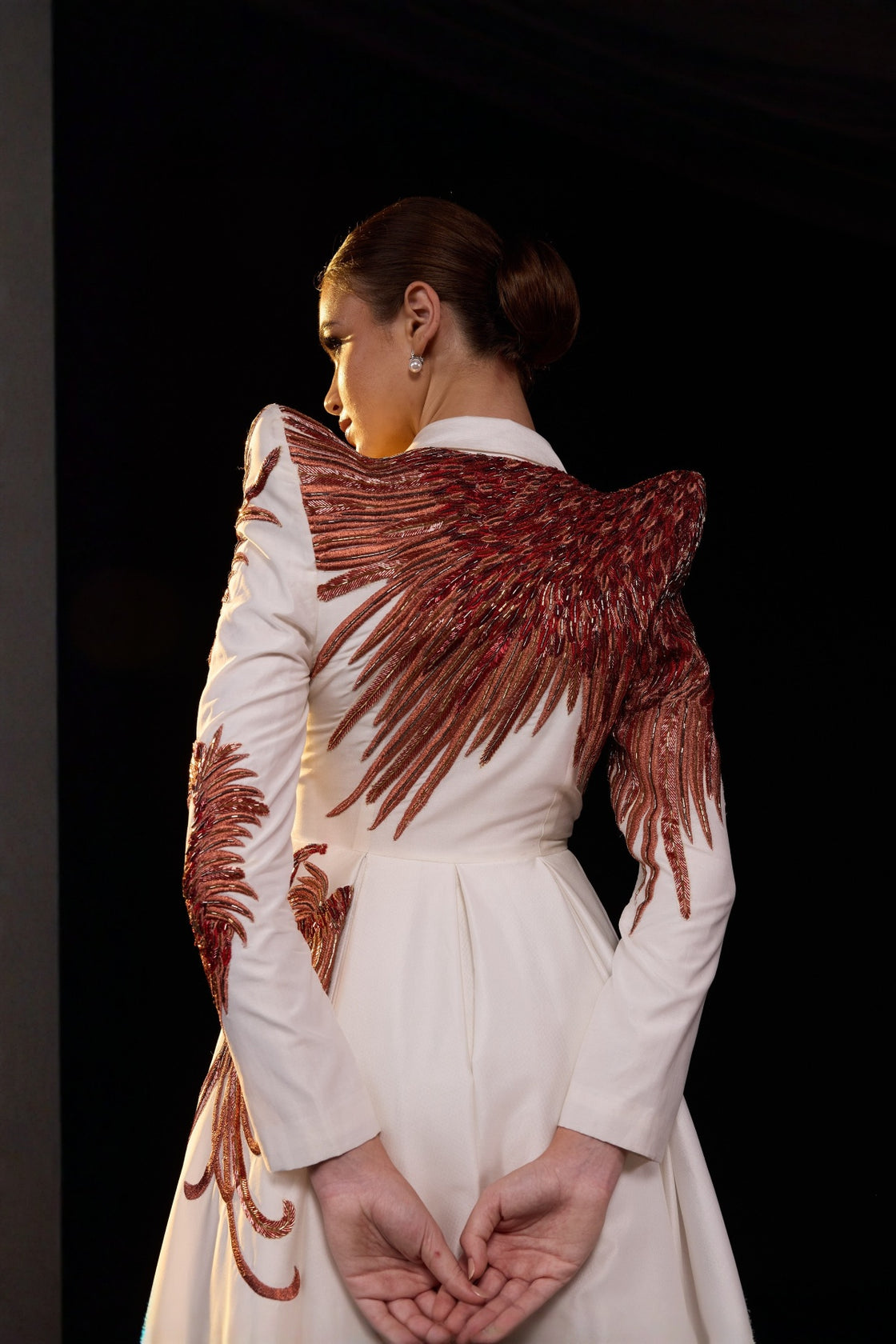 Ivory Embellished A-Line Front-Opening Gown With Structured Shoulder And Collared Neckline.