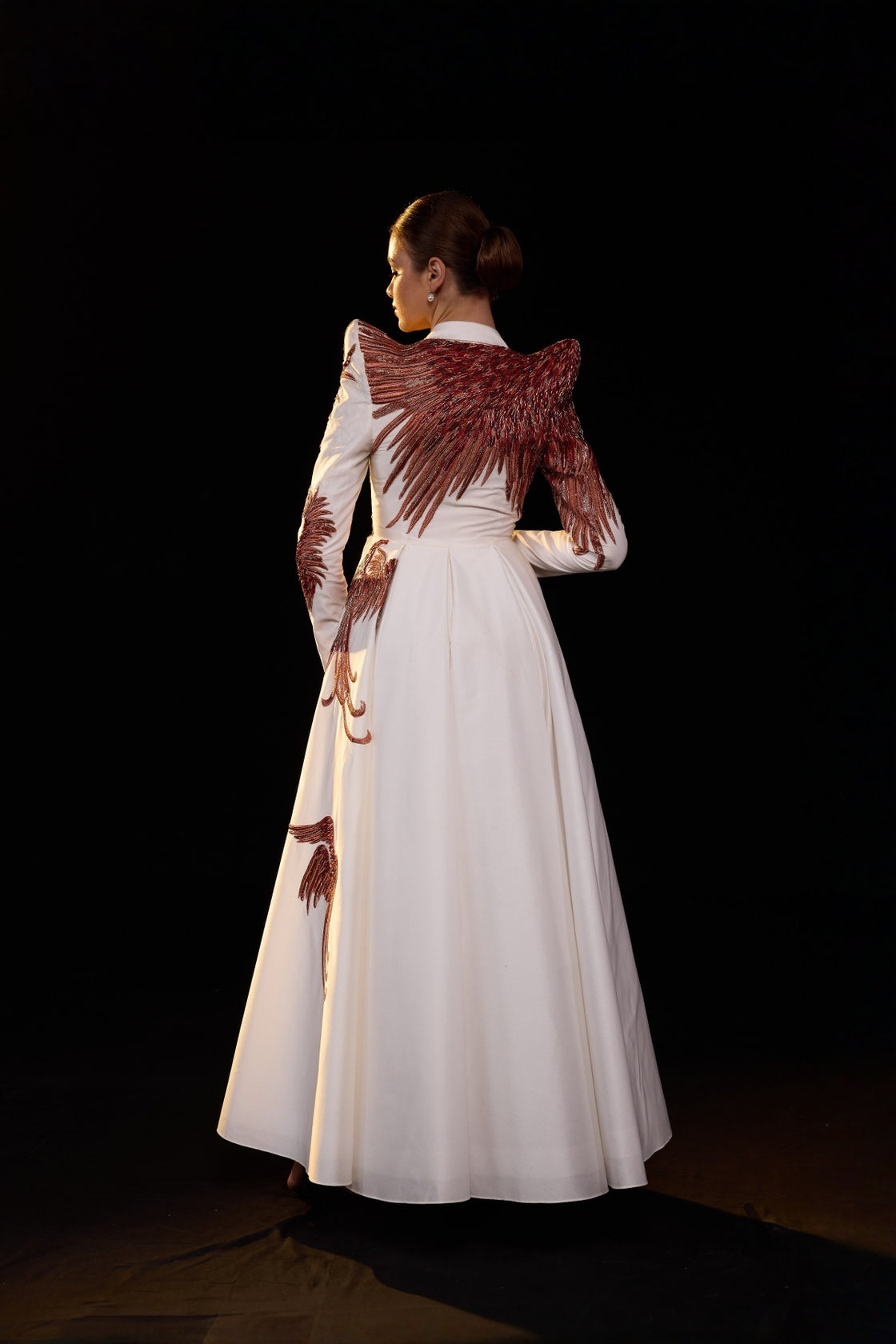 Ivory Embellished A-Line Front-Opening Gown With Structured Shoulder And Collared Neckline.