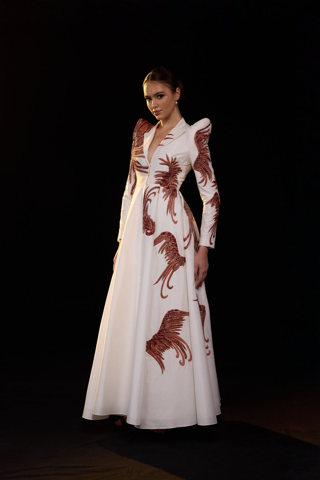 Ivory Embellished A-Line Front-Opening Gown With Structured Shoulder And Collared Neckline.