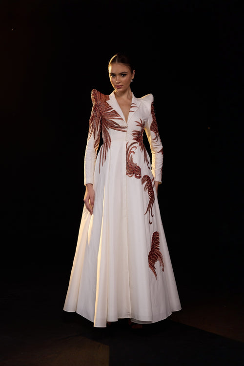 Ivory Embellished A-Line Front-Opening Gown With Structured Shoulder And Collared Neckline.