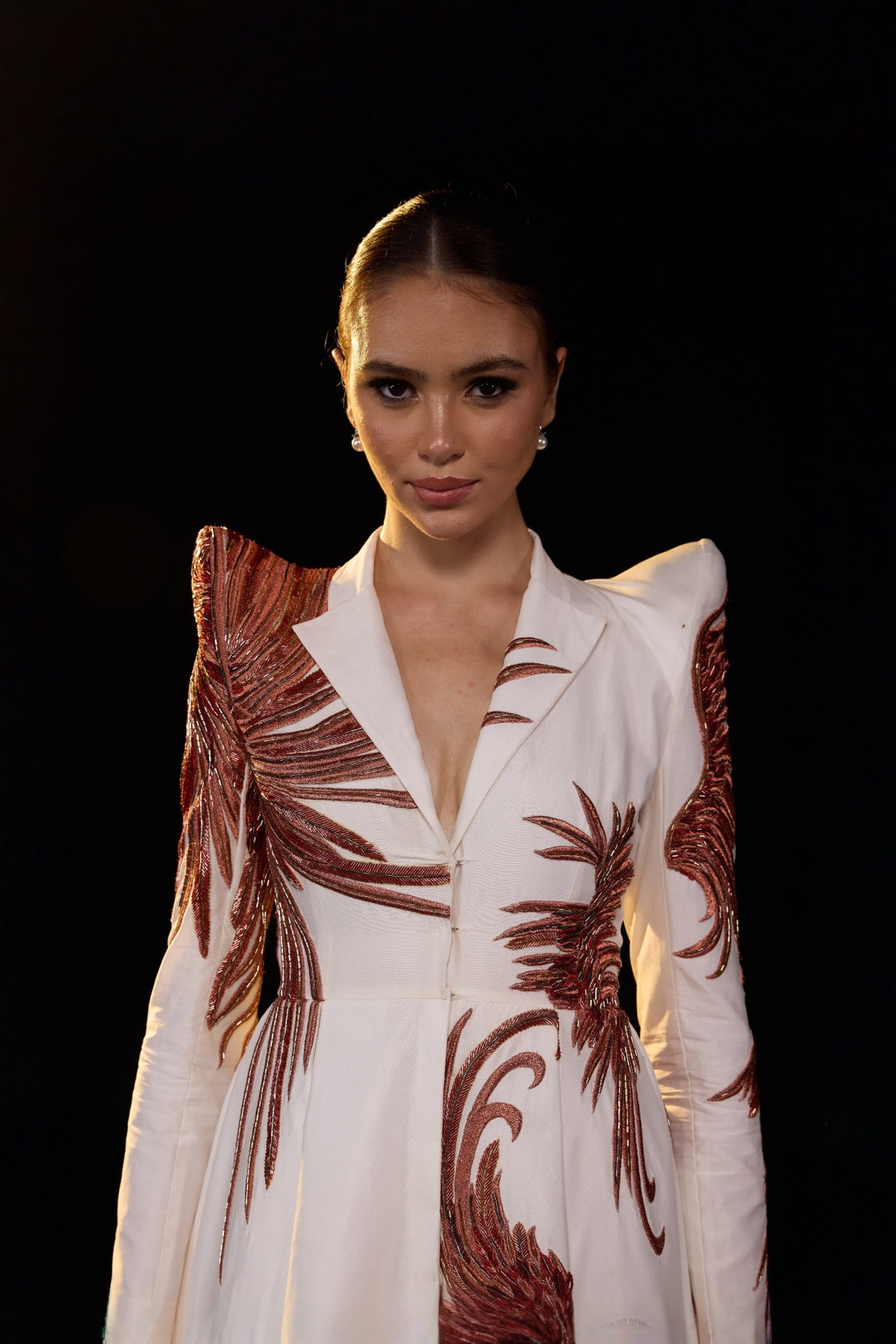 Ivory Embellished A-Line Front-Opening Gown With Structured Shoulder And Collared Neckline.