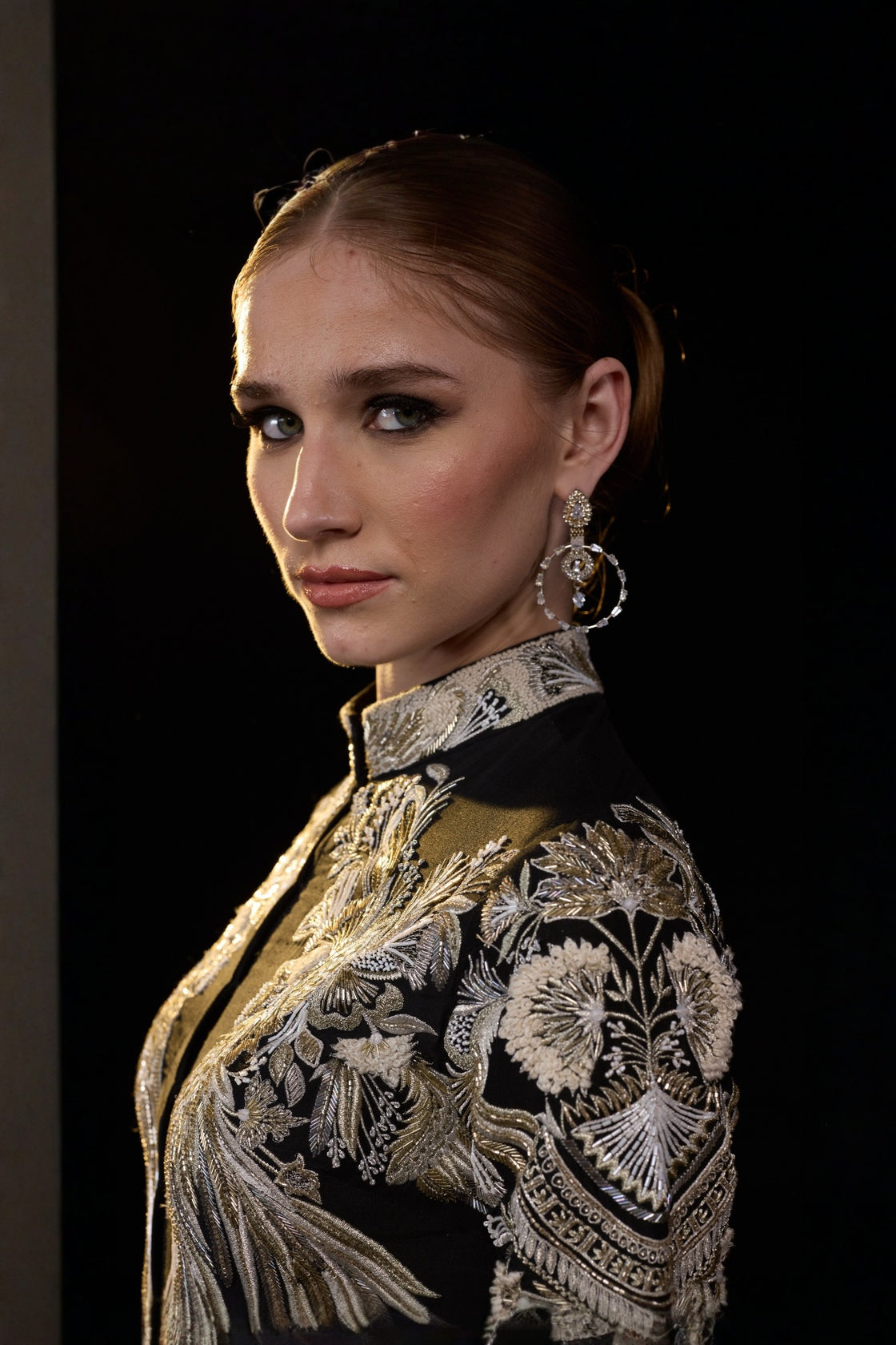 Black High-Neck Embroidered Panel Gown With Metallic Threadwork