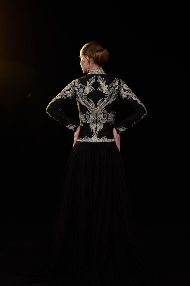 Black High-Neck Embroidered Panel Gown With Metallic Threadwork
