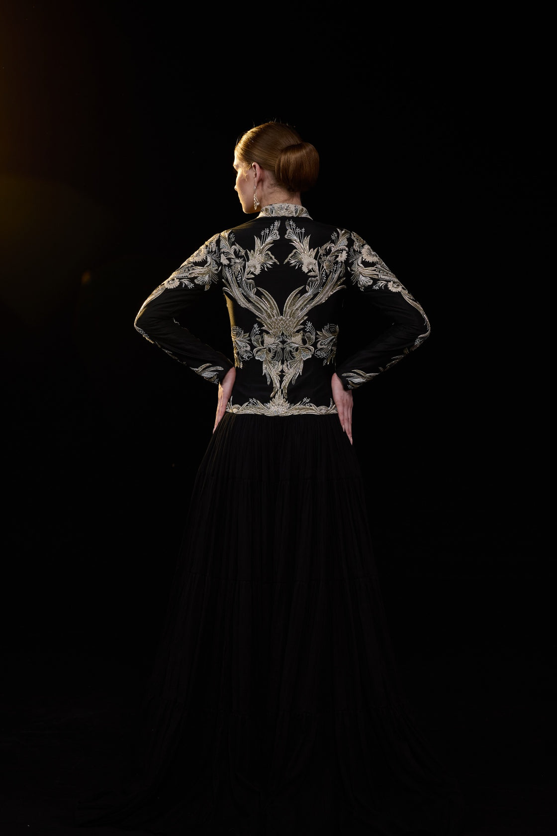 Black High-Neck Embroidered Panel Gown With Metallic Threadwork