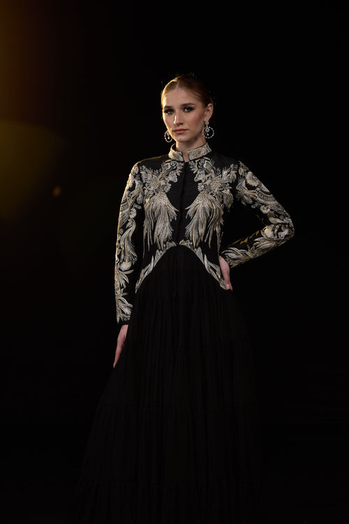 Black High-Neck Embroidered Panel Gown With Metallic Threadwork