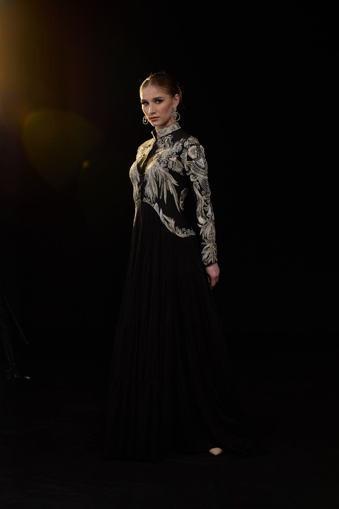 Black High-Neck Embroidered Panel Gown With Metallic Threadwork