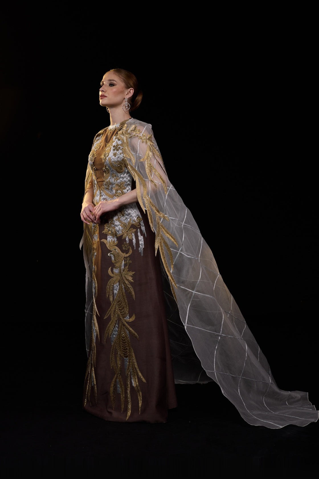 Brown Cape Gown With Structured Bodice , Sheer Draped Sleeves And Intricate Gold & Silver Embroidery