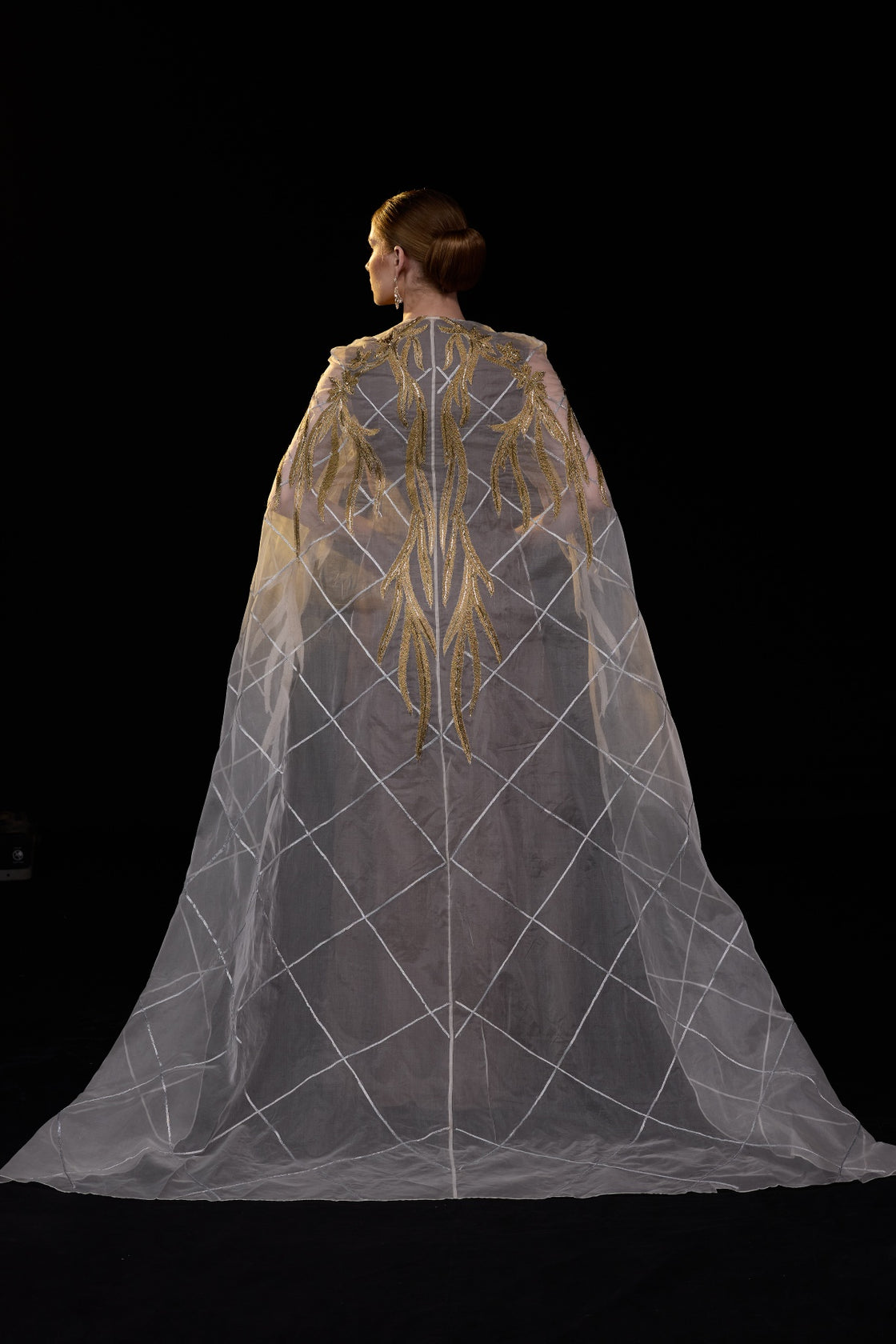 Brown Cape Gown With Structured Bodice , Sheer Draped Sleeves And Intricate Gold & Silver Embroidery