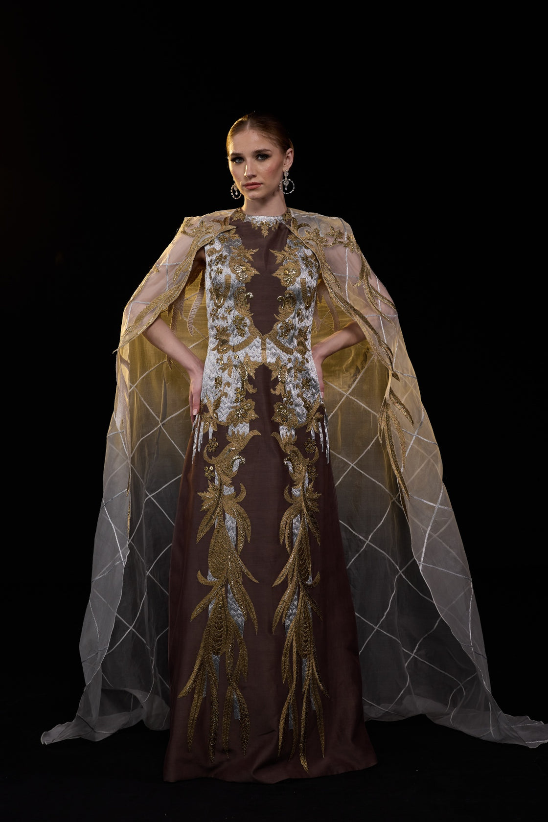 Brown Cape Gown With Structured Bodice , Sheer Draped Sleeves And Intricate Gold & Silver Embroidery
