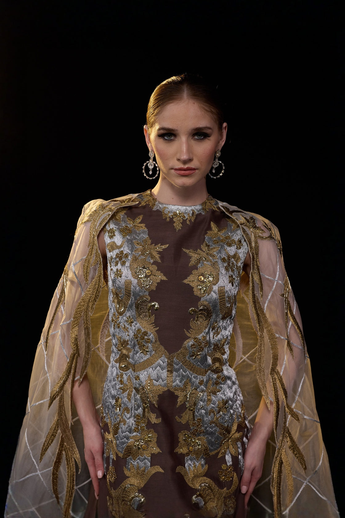 Brown Cape Gown With Structured Bodice , Sheer Draped Sleeves And Intricate Gold & Silver Embroidery