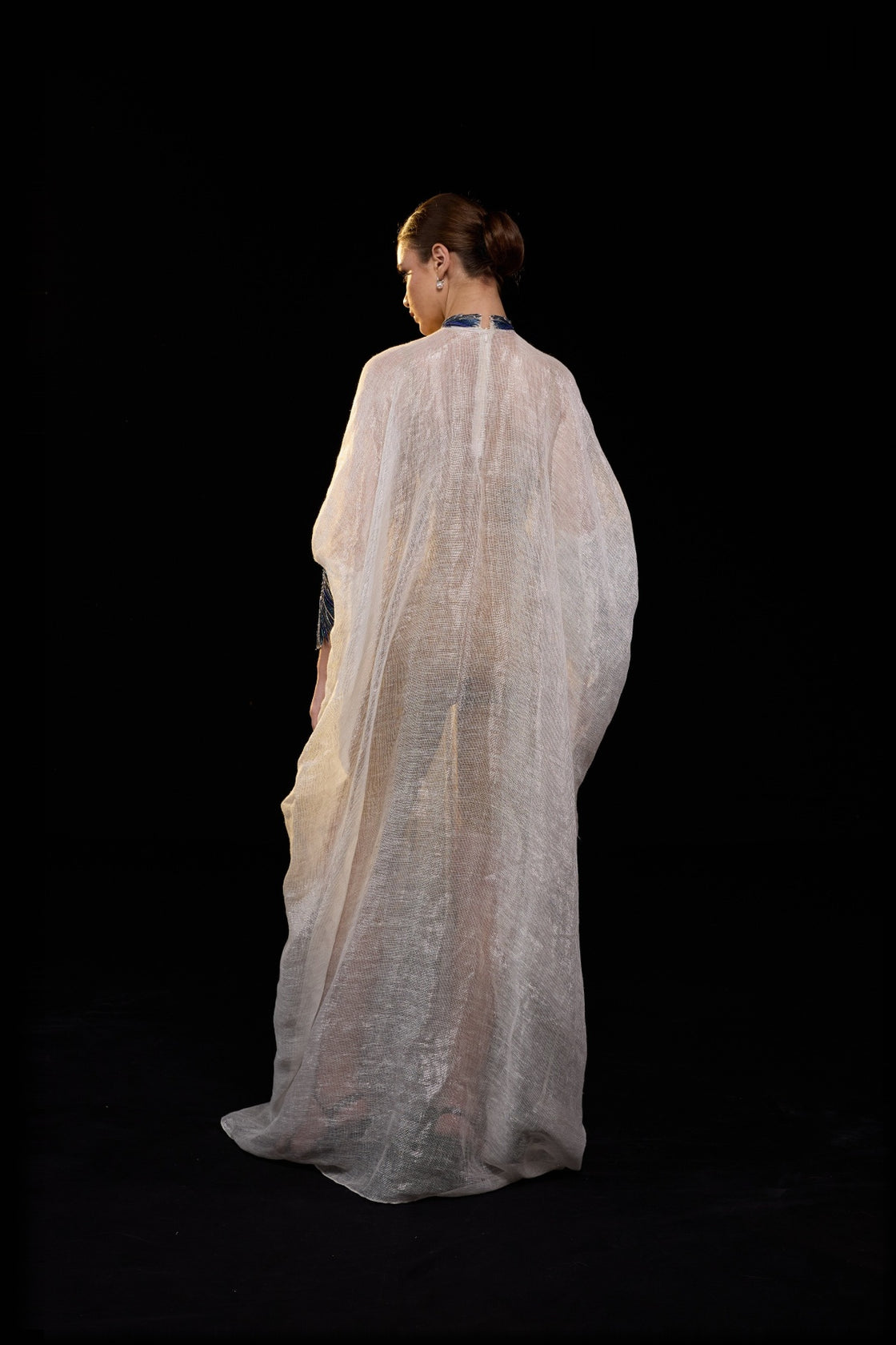 Ivory Draped Gown With Blue Statement Embroidery, High Neckline And Flowly Kaftan-Style Silhouette