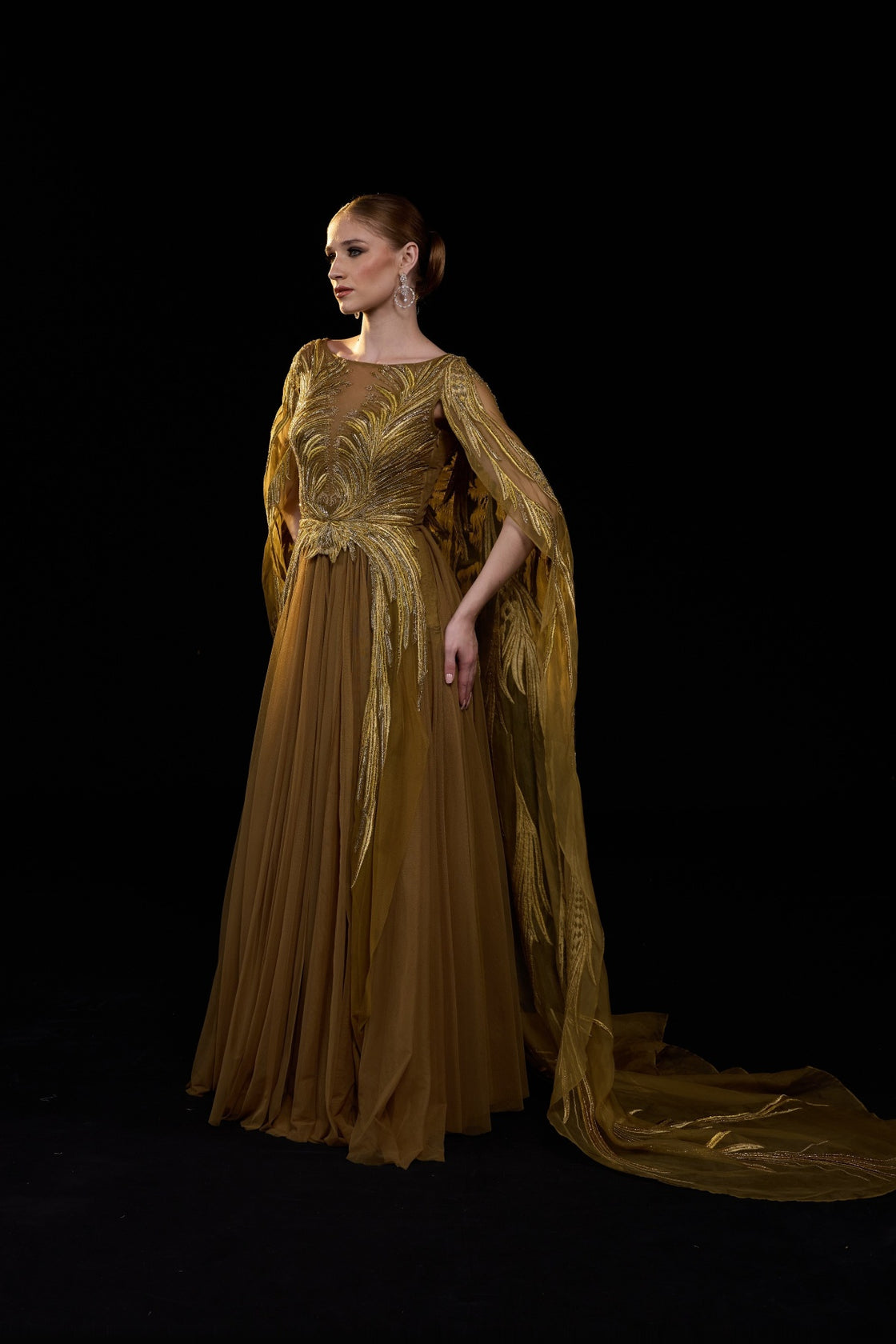 Golden-Bronze Embroidered Gown With Sheer Cape Sleeves , Structured Bodice And Flowy Pleated Bottom