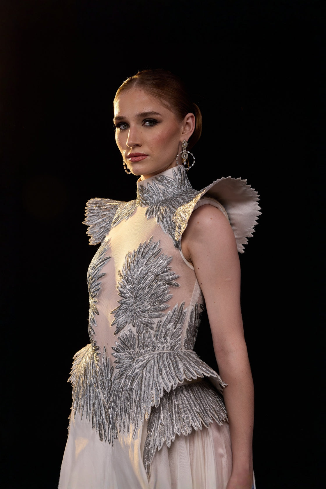 Ivory A-Line Gown With Silver Embroidery, Sheer Illusion Bodice And Structured Shoulder Detailing