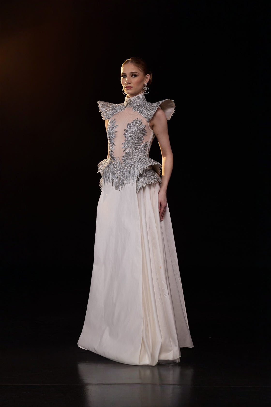 Ivory A-Line Gown With Silver Embroidery, Sheer Illusion Bodice And Structured Shoulder Detailing