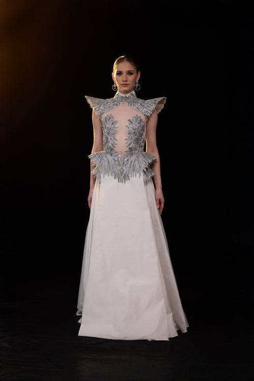Ivory A-Line Gown With Silver Embroidery, Sheer Illusion Bodice And Structured Shoulder Detailing