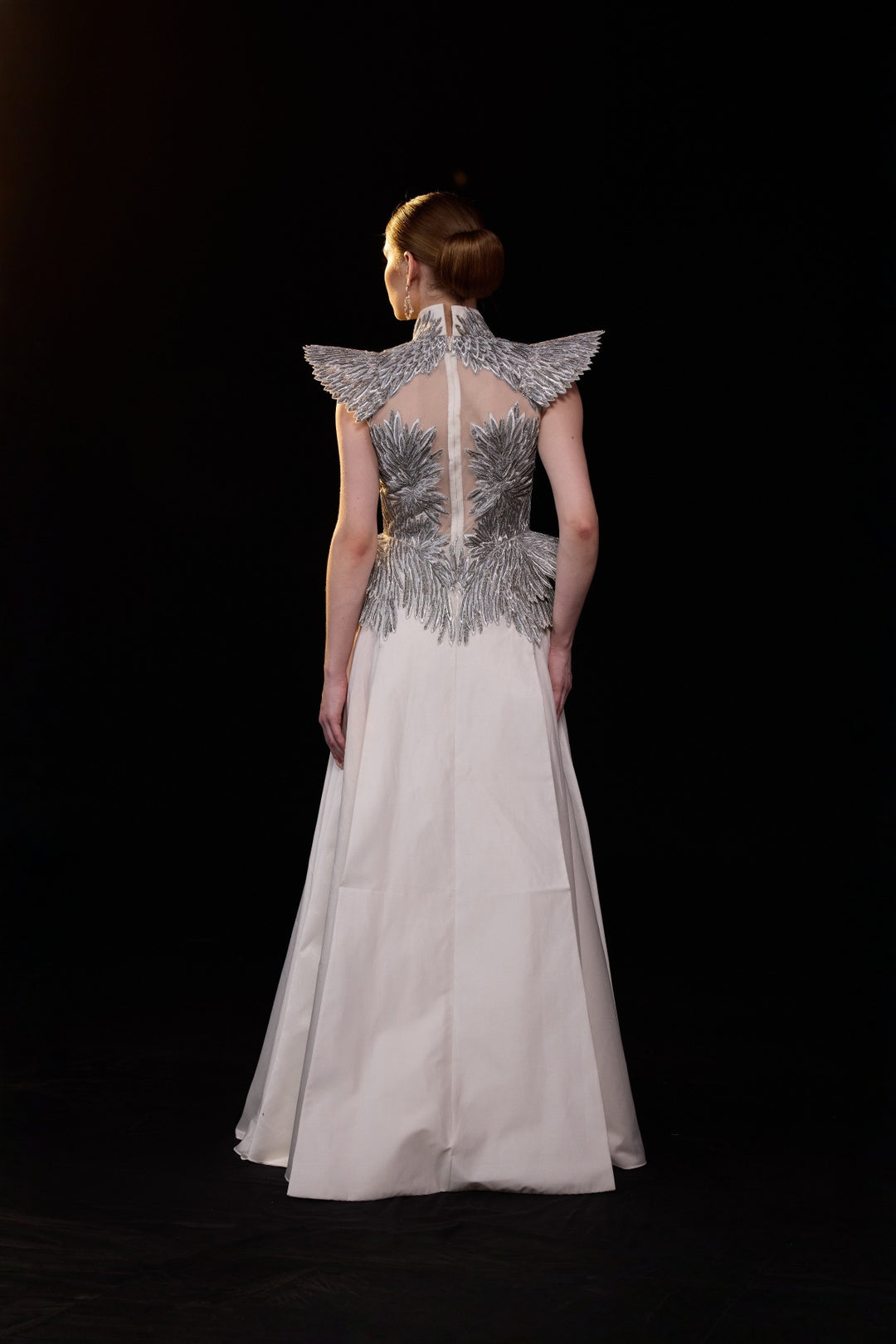 Ivory A-Line Gown With Silver Embroidery, Sheer Illusion Bodice And Structured Shoulder Detailing