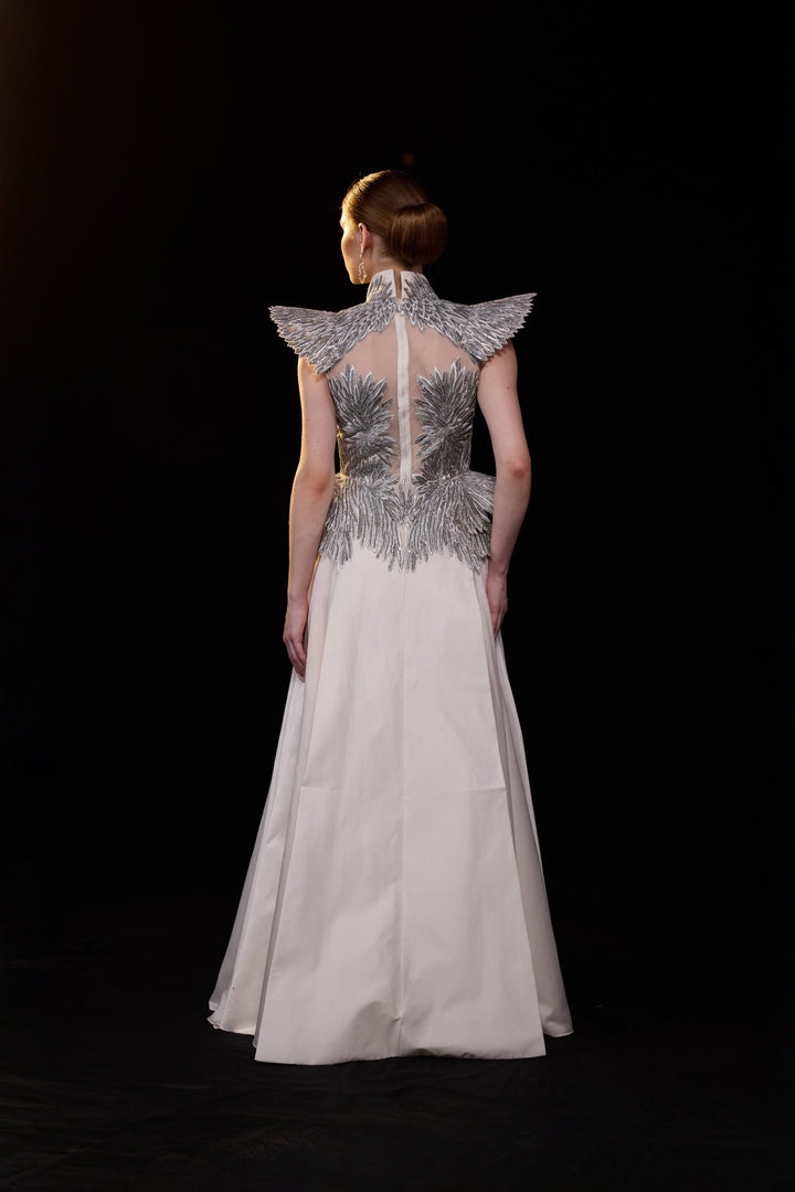 Ivory A-Line Gown With Silver Embroidery, Sheer Illusion Bodice And Structured Shoulder Detailing