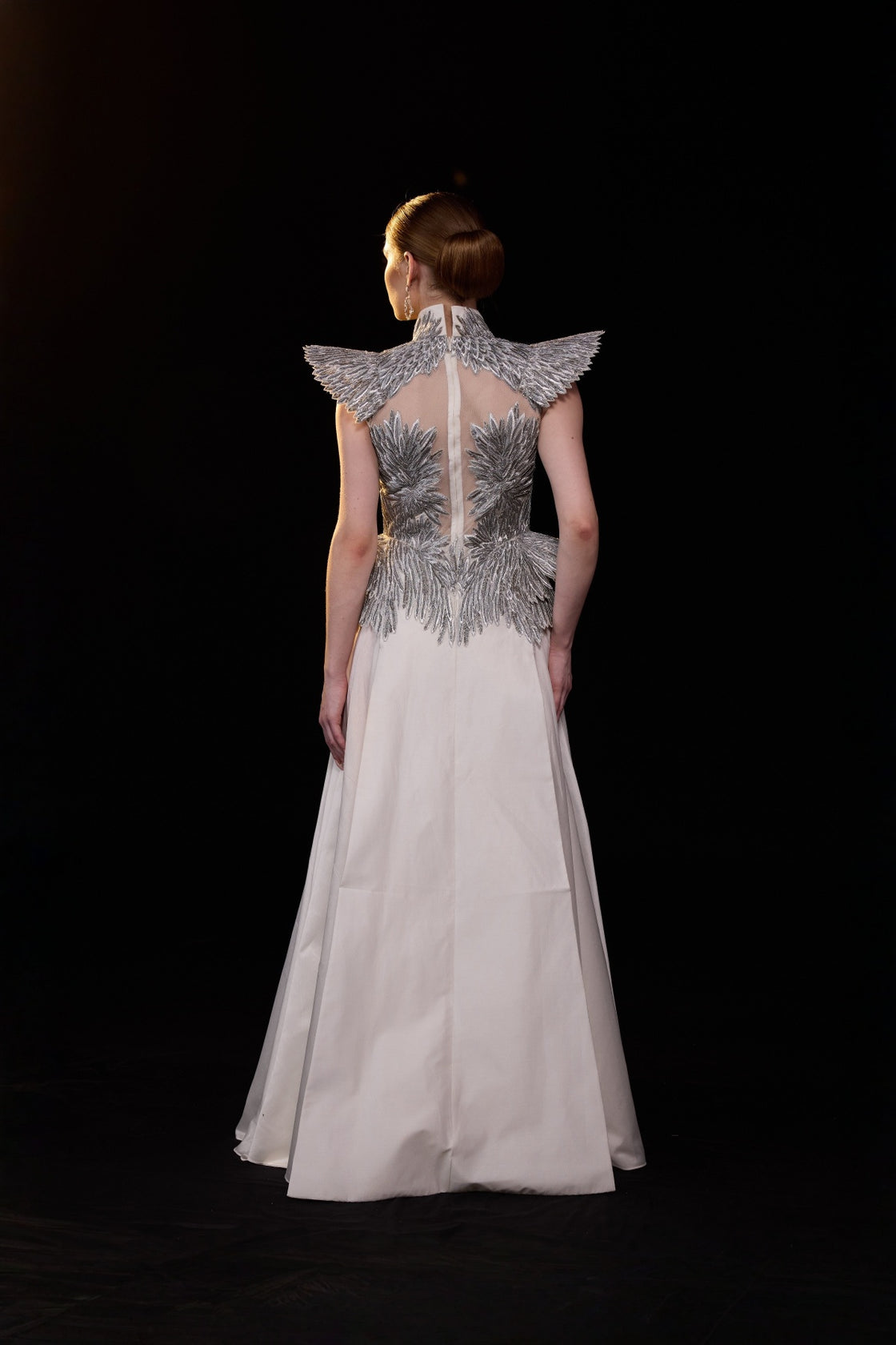 Ivory A-Line Gown With Silver Embroidery, Sheer Illusion Bodice And Structured Shoulder Detailing