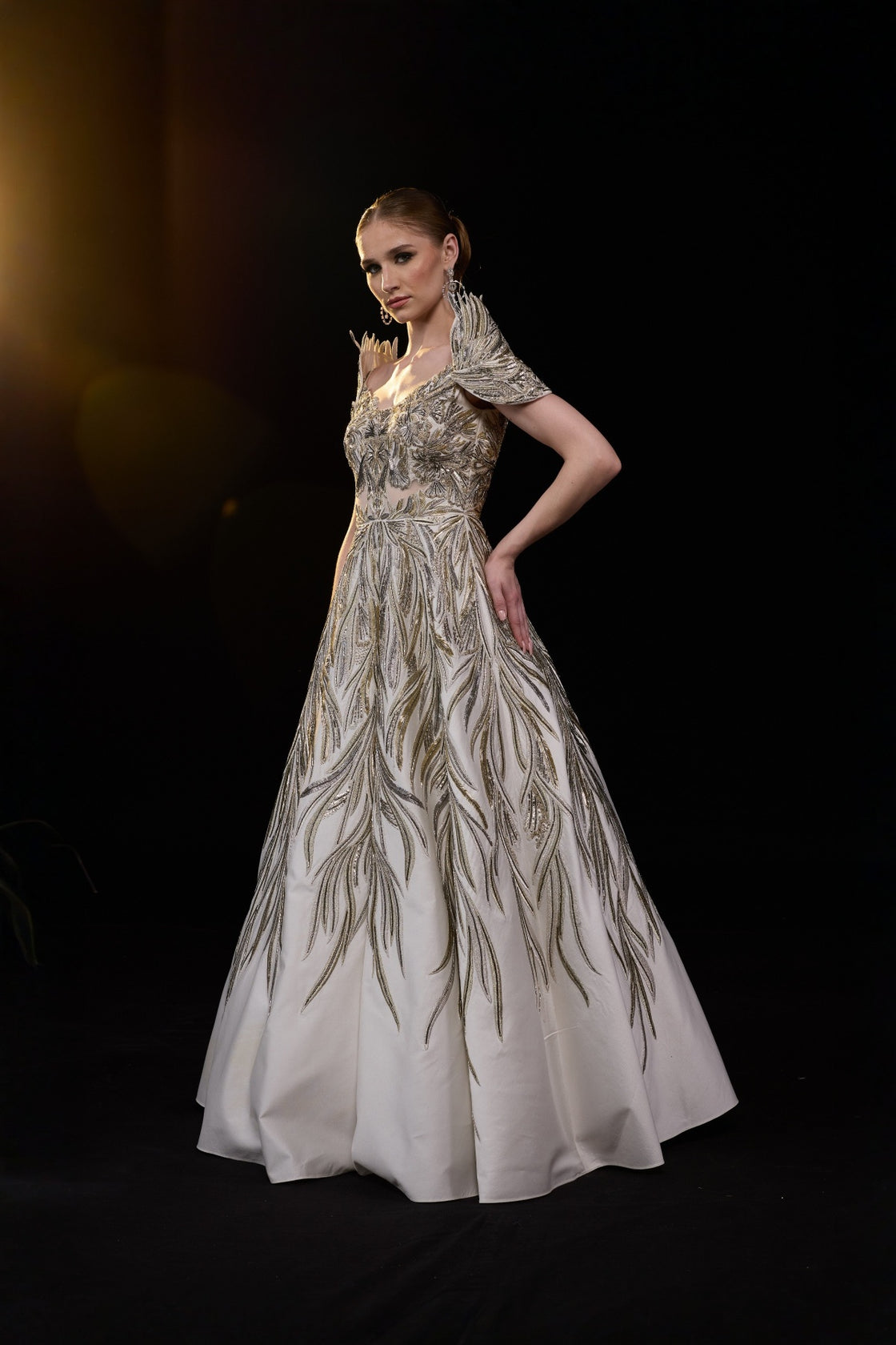 Ivory Structured Off-Shoulder Gown With Gold Embellishments