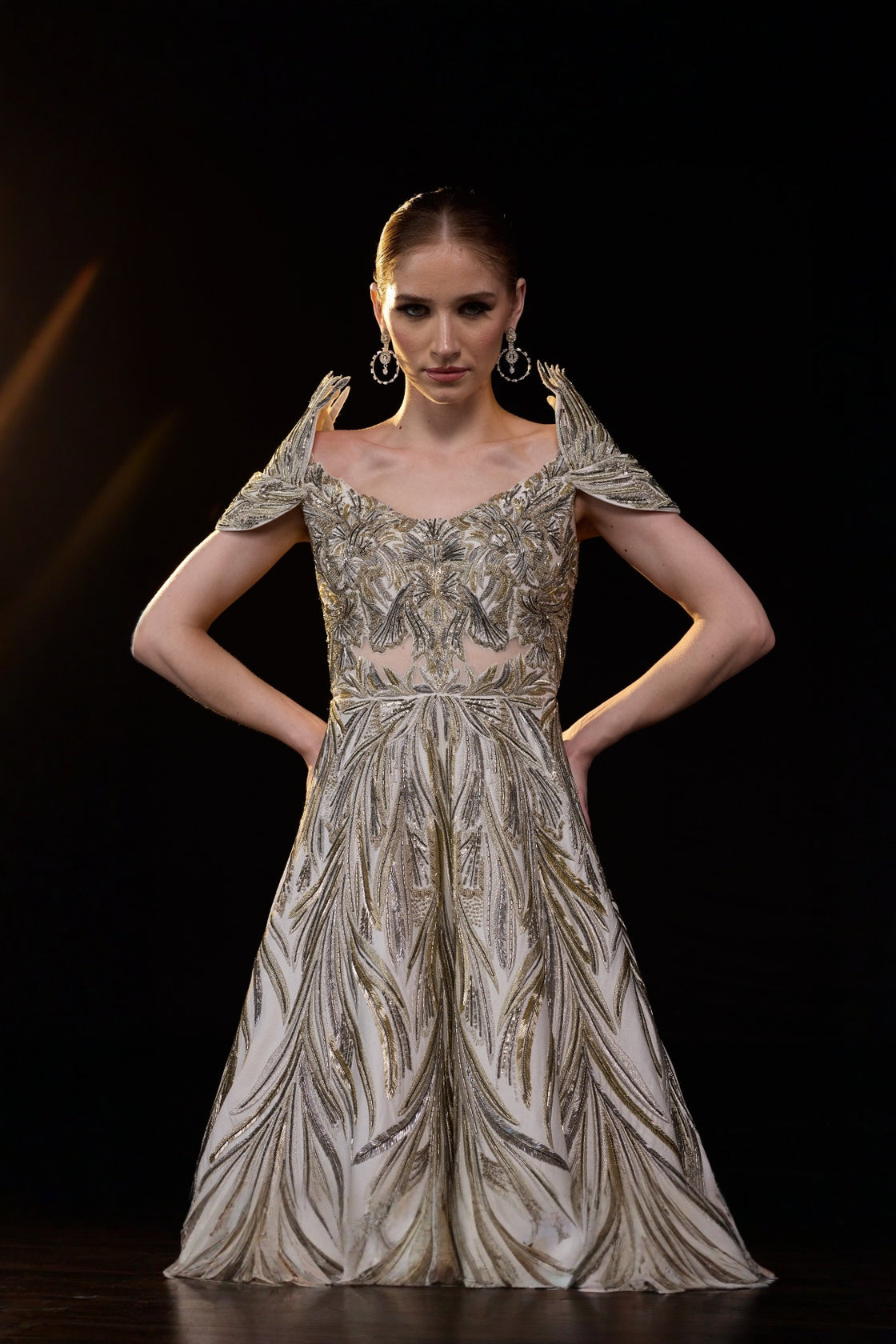 Ivory Structured Off-Shoulder Gown With Gold Embellishments