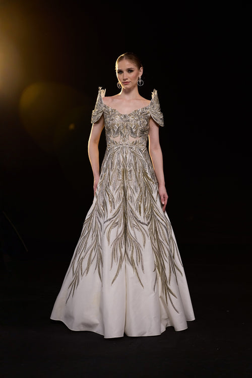 Ivory Structured Off-Shoulder Gown With Gold Embellishments