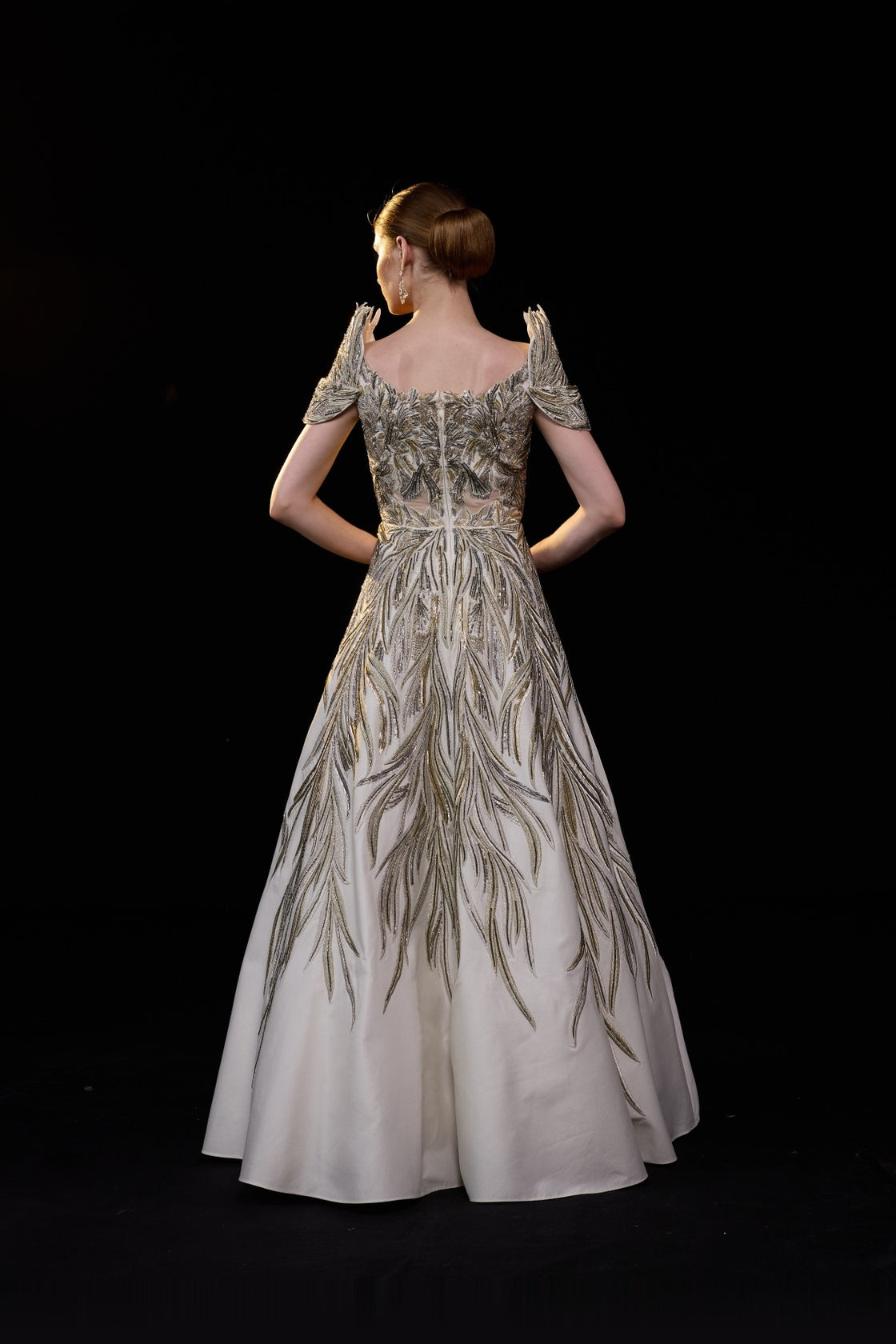 Ivory Structured Off-Shoulder Gown With Gold Embellishments