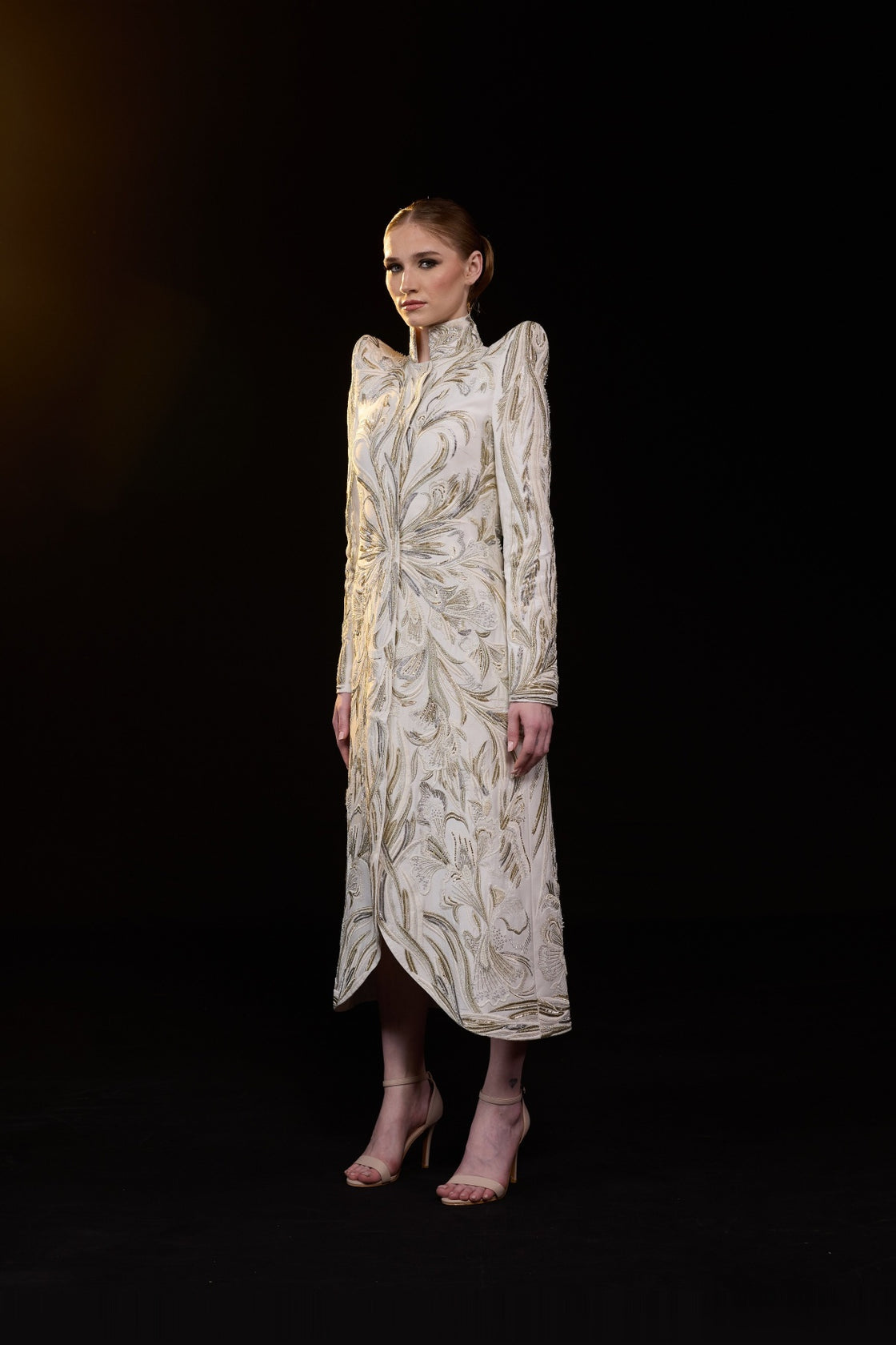 Ivory Embroidered High-Neck Midi Dress With Sculpted Shoulders And Front Opening