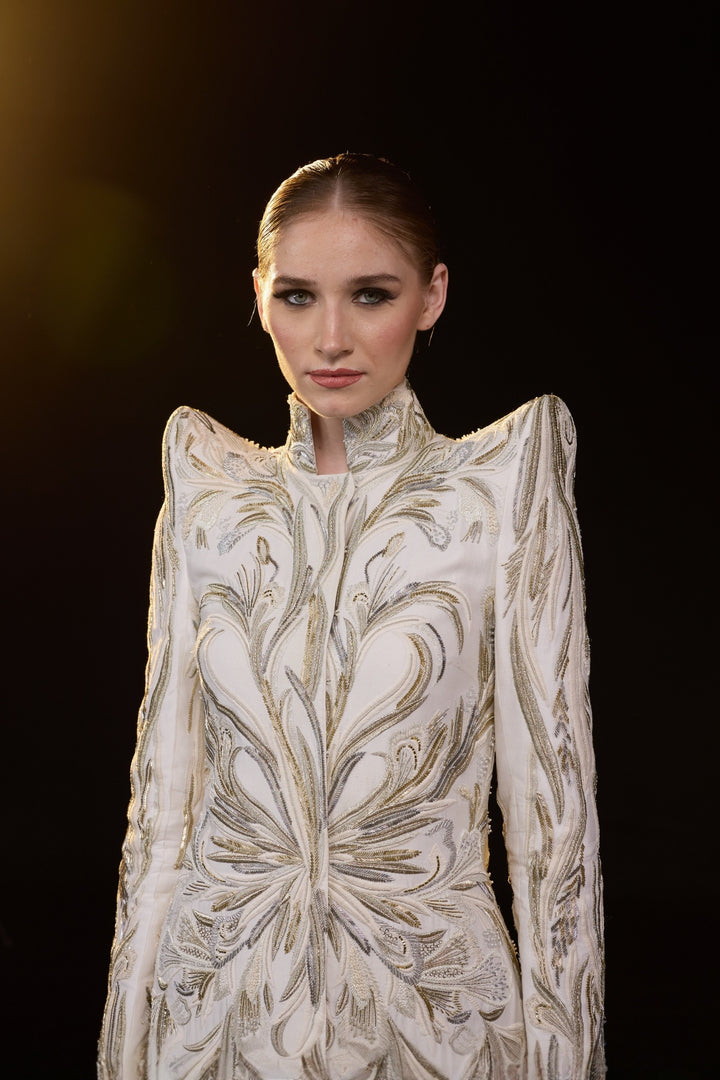 Ivory Embroidered High-Neck Midi Dress With Sculpted Shoulders And Front Opening