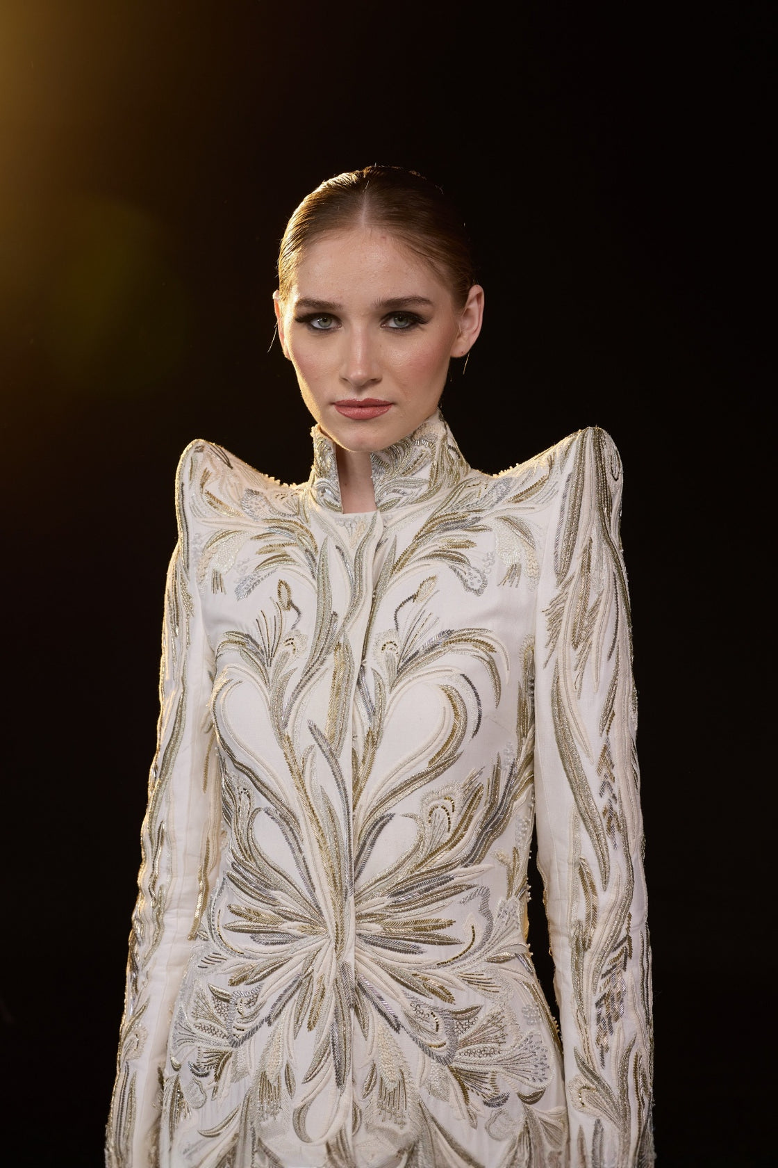 Ivory Embroidered High-Neck Midi Dress With Sculpted Shoulders And Front Opening