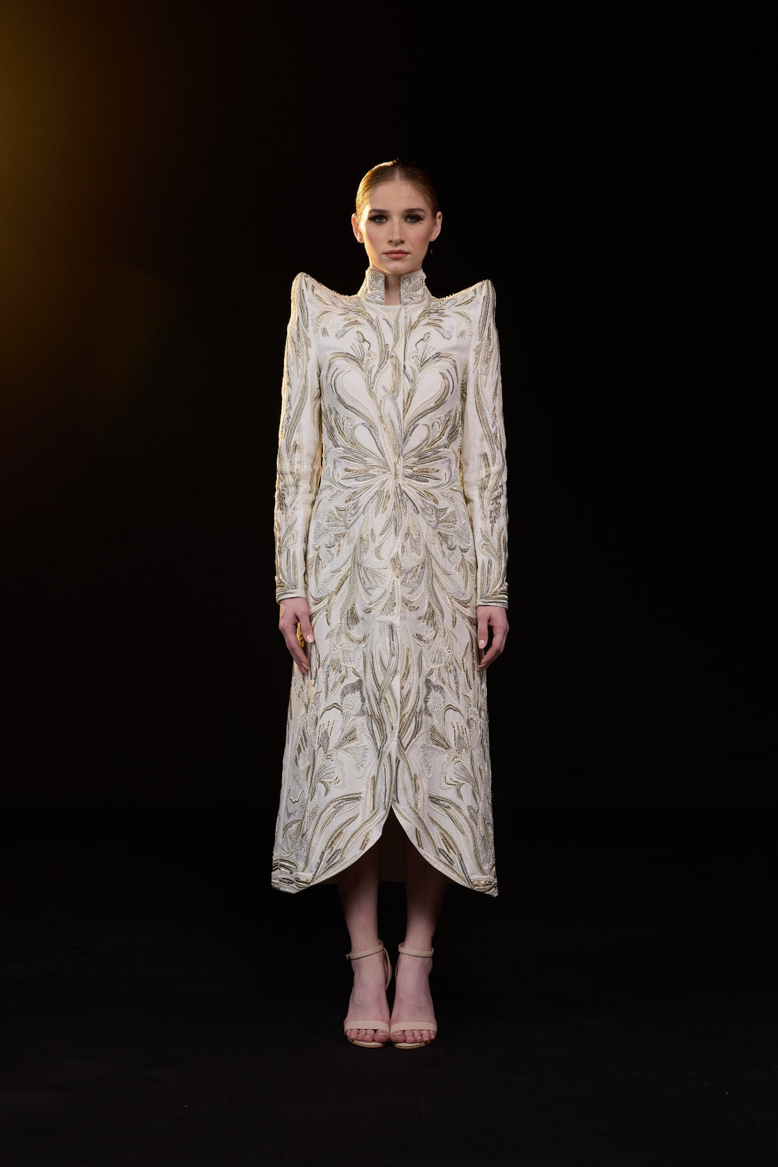 Ivory Embroidered High-Neck Midi Dress With Sculpted Shoulders And Front Opening