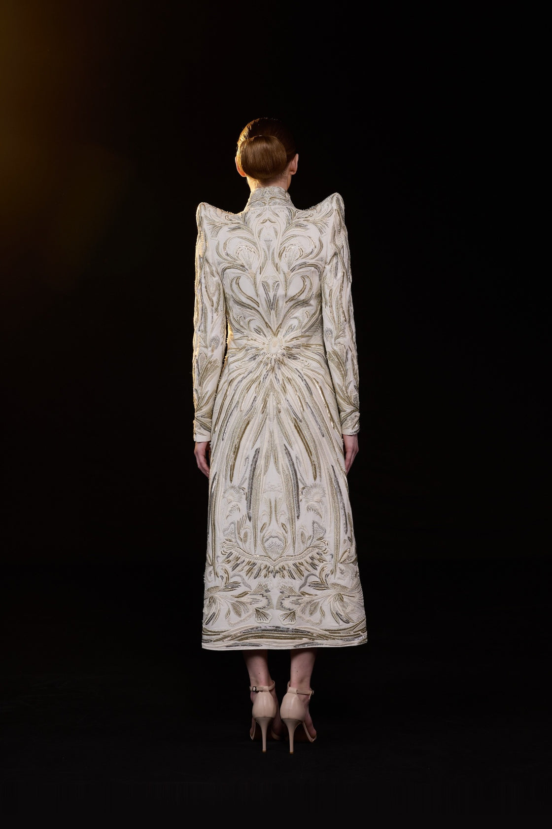 Ivory Embroidered High-Neck Midi Dress With Sculpted Shoulders And Front Opening
