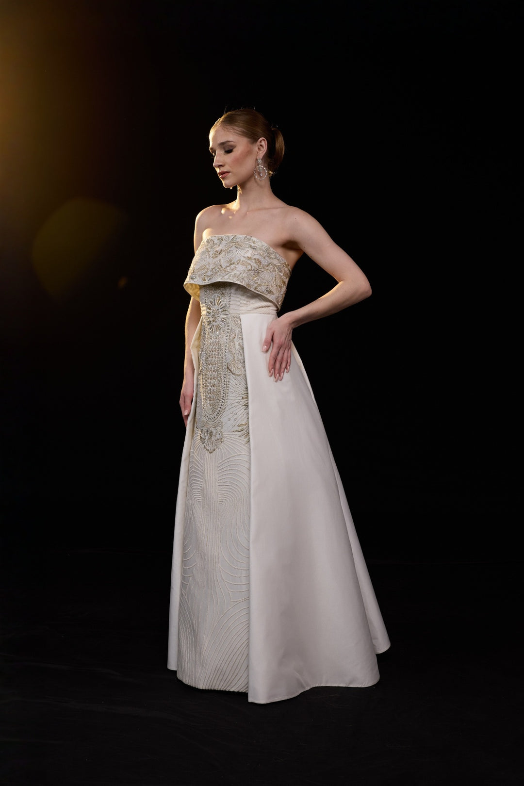 Ivory Strapless Embroidered Gown With Structured Bodice Enhanced With Metallic Embellishments