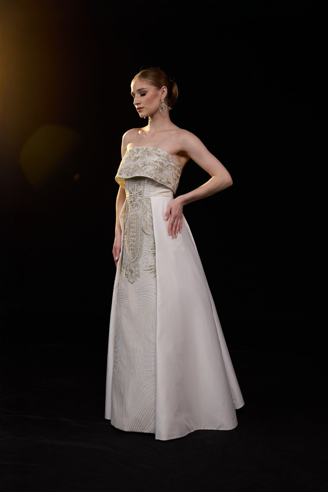 Ivory Strapless Embroidered Gown With Structured Bodice Enhanced With Metallic Embellishments