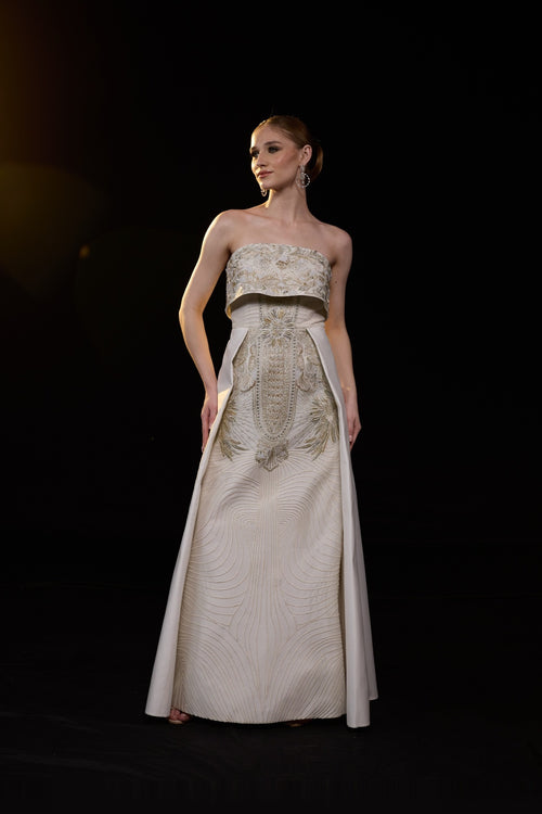 Ivory Strapless Embroidered Gown With Structured Bodice Enhanced With Metallic Embellishments
