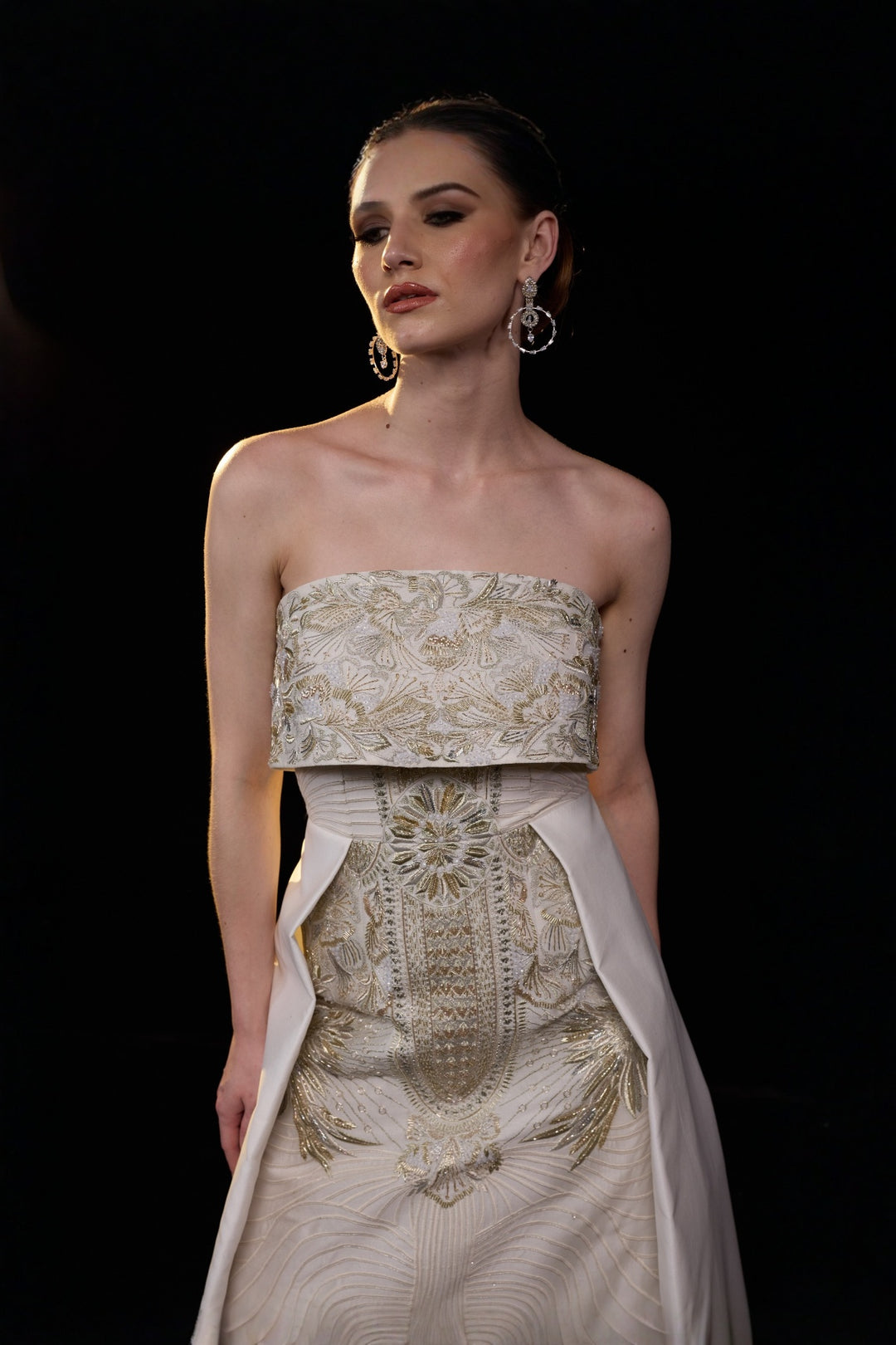 Ivory Strapless Embroidered Gown With Structured Bodice Enhanced With Metallic Embellishments
