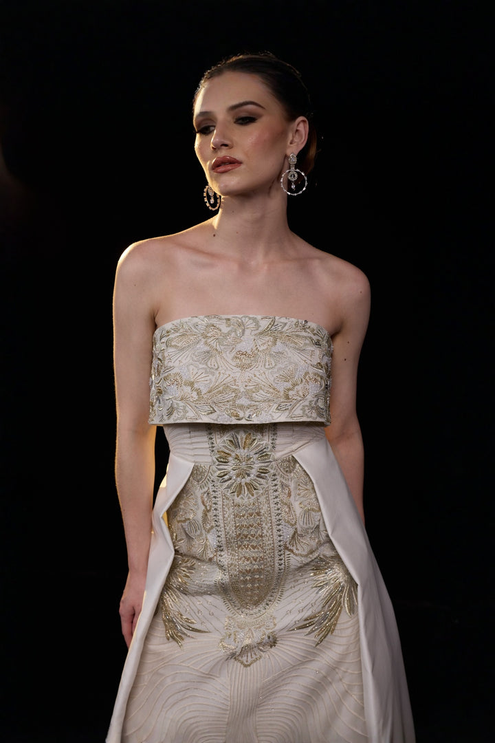 Ivory Strapless Embroidered Gown With Structured Bodice Enhanced With Metallic Embellishments