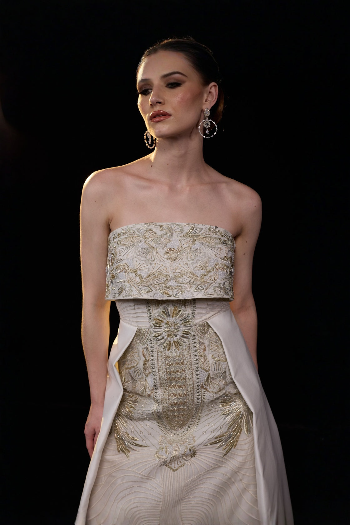 Ivory Strapless Embroidered Gown With Structured Bodice Enhanced With Metallic Embellishments
