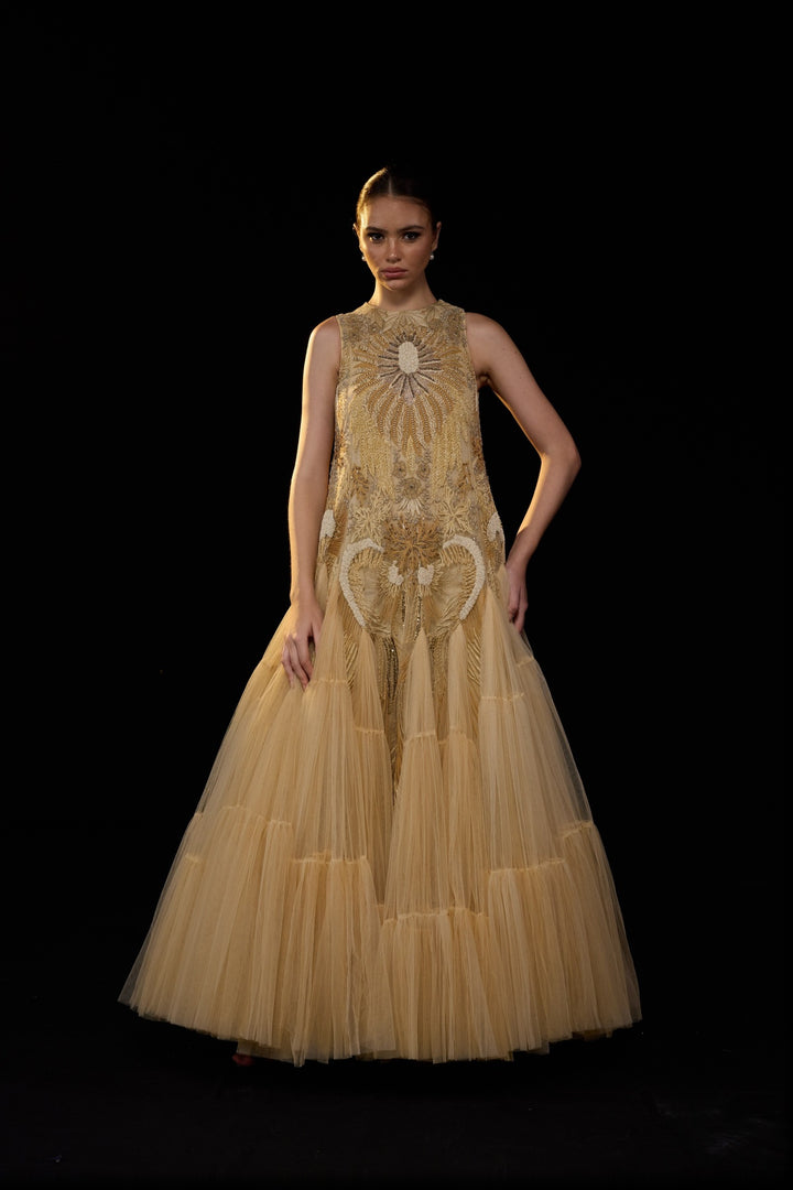 Beige Sleeveless Tulle Gown With Intricate Golden Embellishment